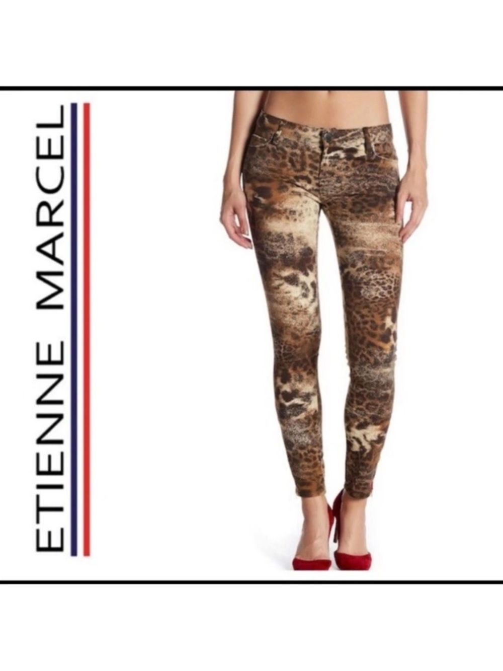Etienne Marcel Low Rise Designer Jeans Cheetah Print Red Detail Zipper Bottom